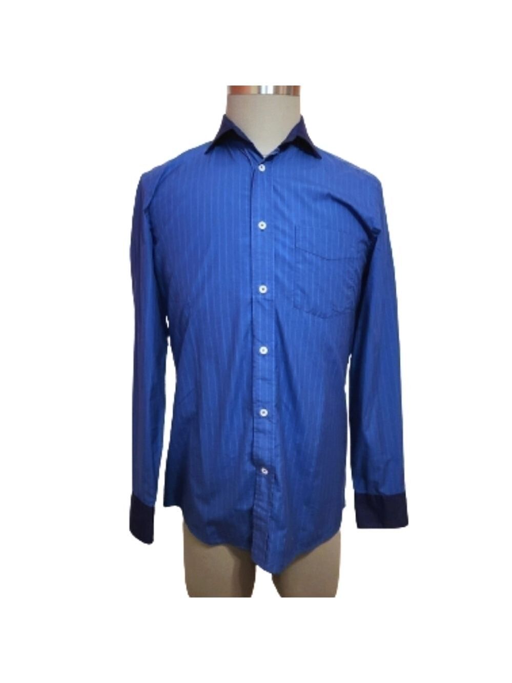 Faconnable Club Fit Vertical Stripe Mens Dress Shirt Small Blue